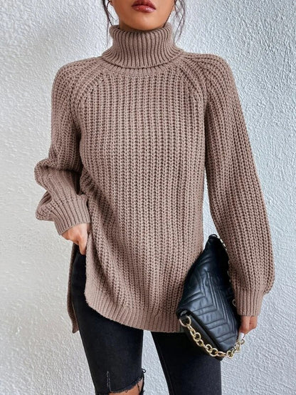 Long-Sleeve Pullover Sweater with Turtleneck and Side Slits