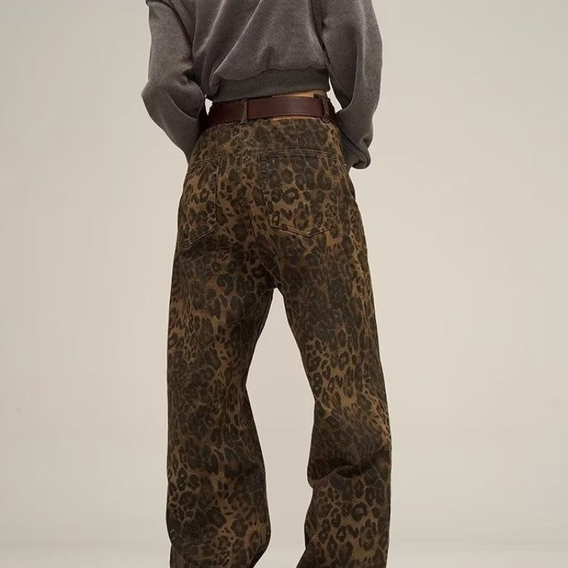 High Waist Wide-Leg Denim Leopard Trousers