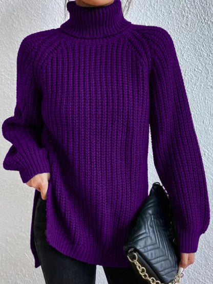Long-Sleeve Pullover Sweater with Turtleneck and Side Slits
