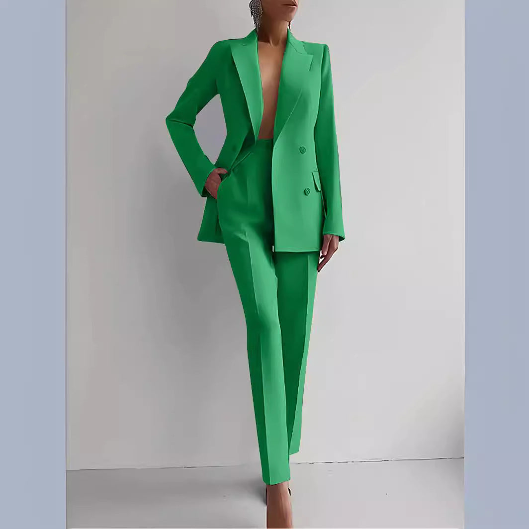 Double-Breasted Blazer Suit Set with Notched Lapels and Trousers