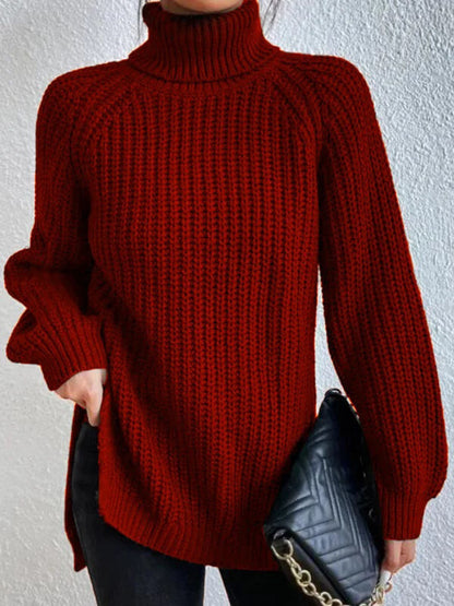 Long-Sleeve Pullover Sweater with Turtleneck and Side Slits