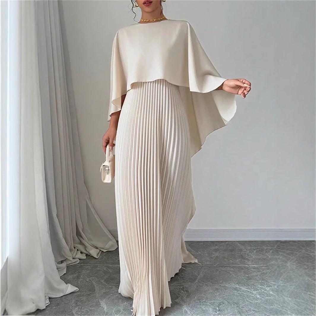 Maxi Dress with Pleated Skirt and Draped Cape Overlay