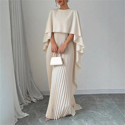Maxi Dress with Pleated Skirt and Draped Cape Overlay