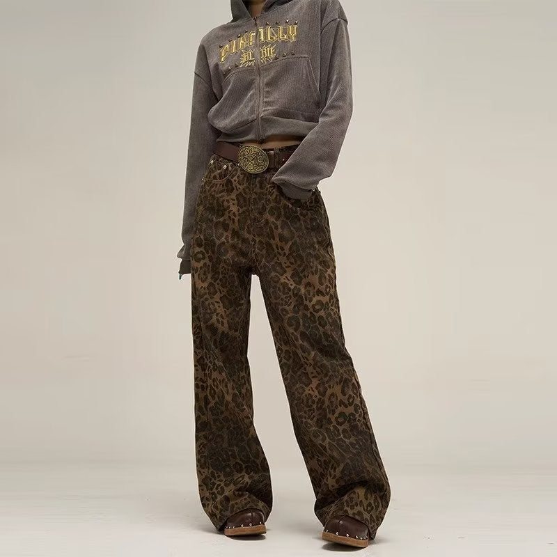 High Waist Wide-Leg Denim Leopard Trousers
