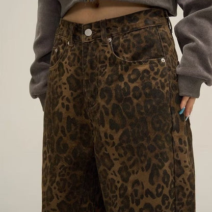 High Waist Wide-Leg Denim Leopard Trousers