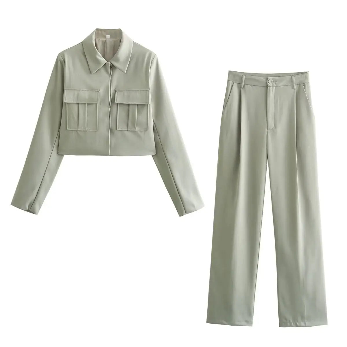 Jacket and Wide-Leg Trouser Set with Flap Pockets and Straight Collar