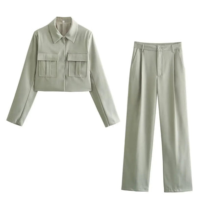 Jacket and Wide-Leg Trouser Set with Flap Pockets and Straight Collar