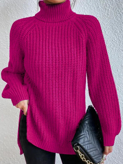 Long-Sleeve Pullover Sweater with Turtleneck and Side Slits