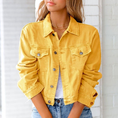 Button-Front Cropped Denim Jacket with Collared Neckline and Flap Pockets