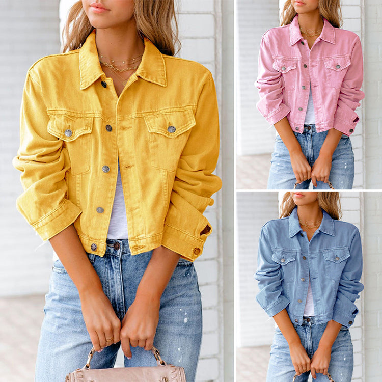 Button-Front Cropped Denim Jacket with Collared Neckline and Flap Pockets