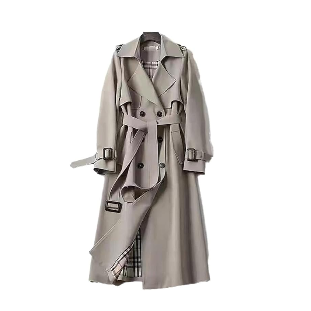 Double-Breasted Trench Coat with Notched Lapels, Tie-Waist Belt, and Mid-Calf Length