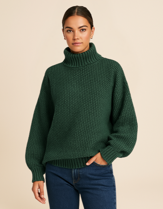 Chunky Knit Sweater with Ribbed Turtleneck and Relaxed Fit