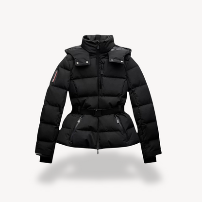 Belted Puffer Jacket with Detachable Hood and Ribbed Cuffs