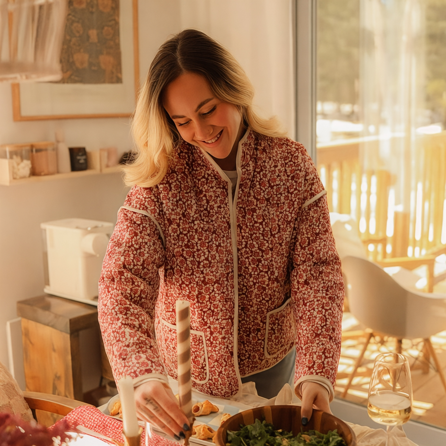 Quilted Stand Collar Cropped Jacket with Contrast Piping and Patch Pockets