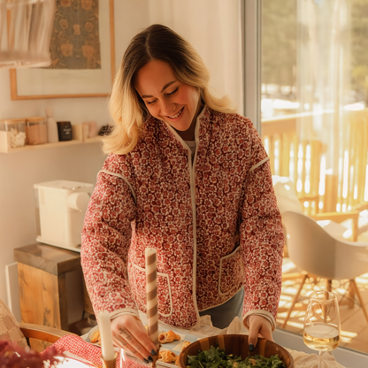 Quilted Stand Collar Cropped Jacket with Contrast Piping and Patch Pockets