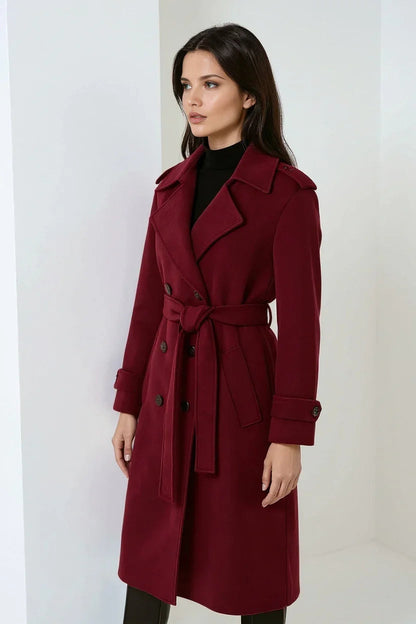 Notched Lapel Maxi Length Wool Coat with Double-Breasted Closure