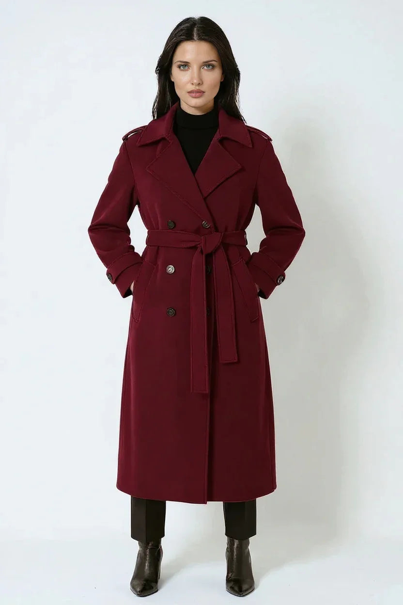 Notched Lapel Maxi Length Wool Coat with Double-Breasted Closure
