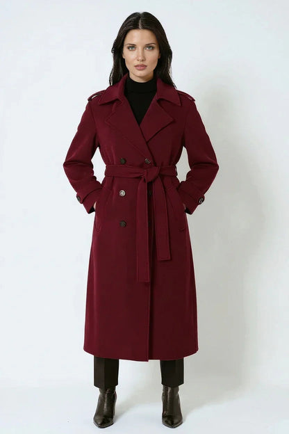 Notched Lapel Maxi Length Wool Coat with Double-Breasted Closure