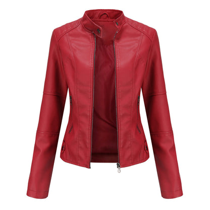 Faux Leather Jacket with Stand Collar and Zip Closure