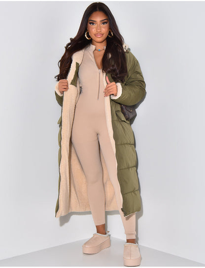Longline Reversible Puffer Coat with Faux Fur Lining and Hood