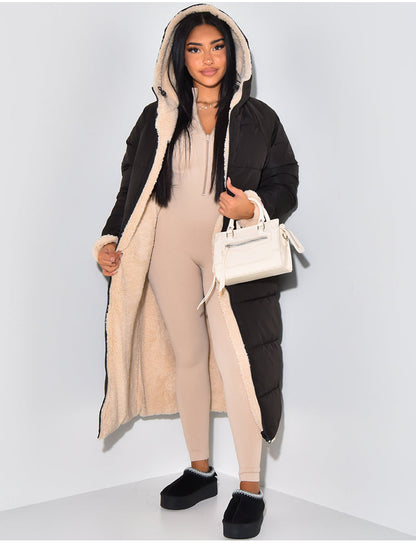 Longline Reversible Puffer Coat with Faux Fur Lining and Hood