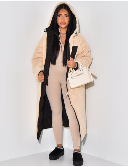 Longline Reversible Puffer Coat with Faux Fur Lining and Hood