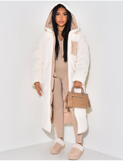Longline Reversible Puffer Coat with Faux Fur Lining and Hood