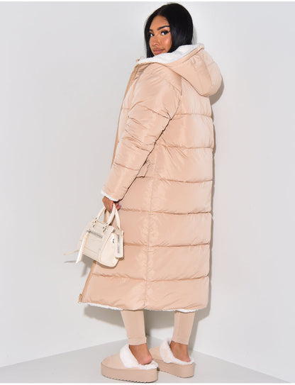 Longline Reversible Puffer Coat with Faux Fur Lining and Hood
