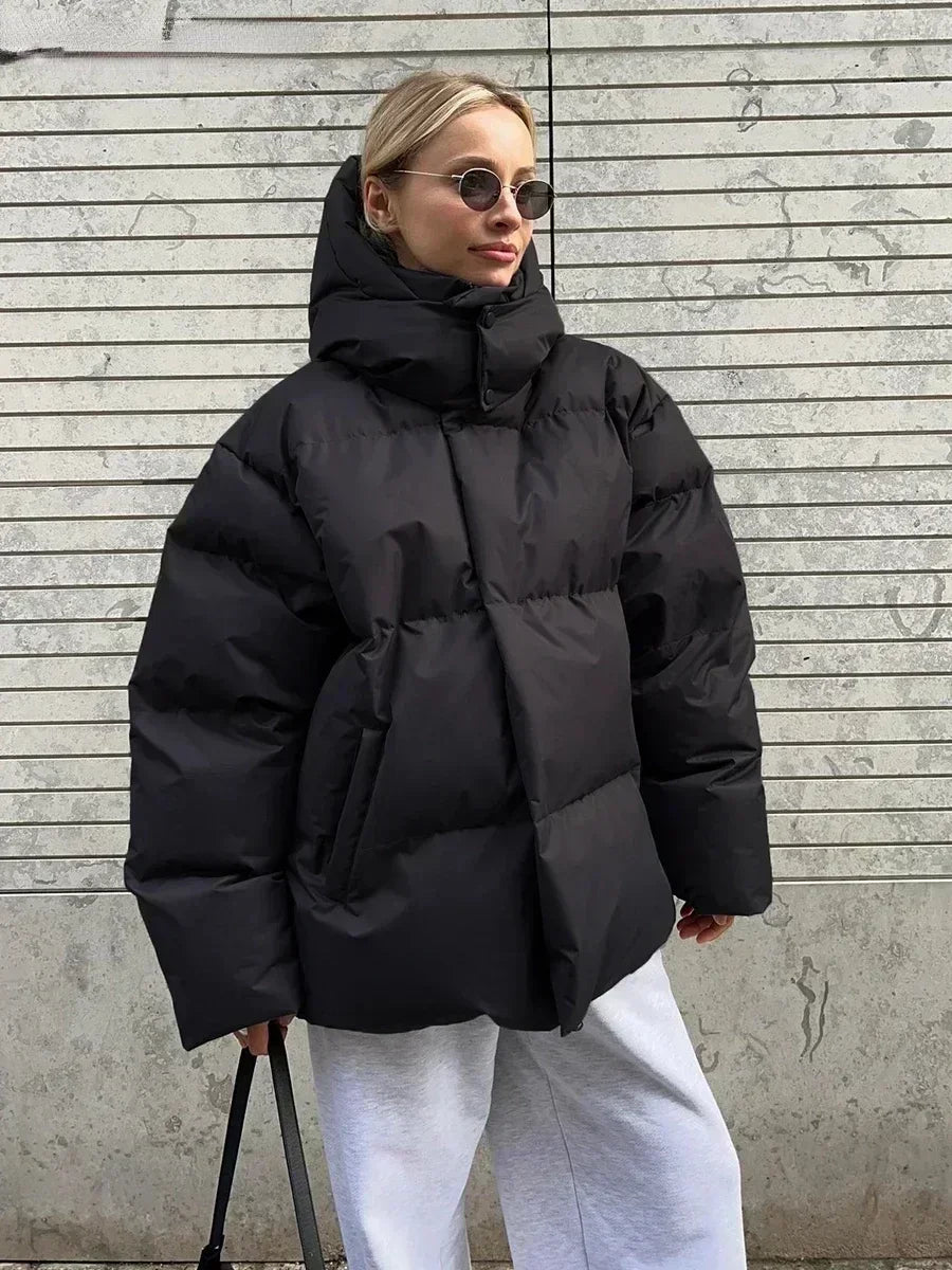 Oversized Puffer Jacket with High Neck and Detachable Hood