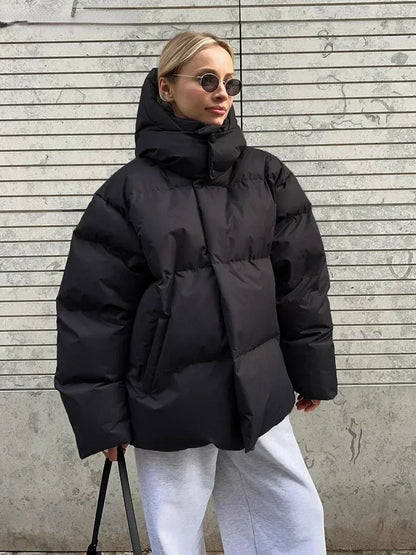 Oversized Puffer Jacket with High Neck and Detachable Hood