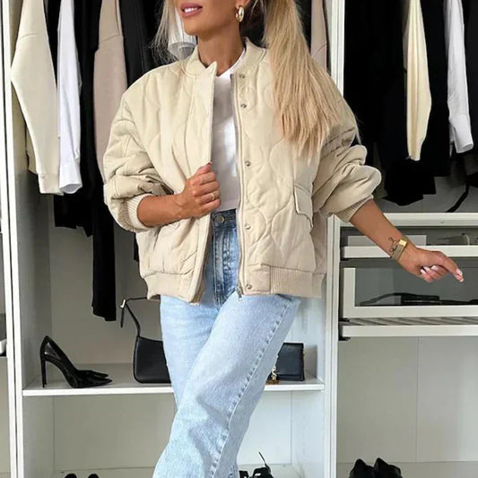 Quilted Bomber Jacket with Snap-Button Closure, Round Neck, and Ribbed Finishes