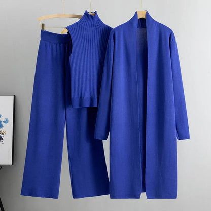 Three-Piece Knit Set with Mock Neck Top, Long Cardigan, and Wide-Leg Trousers