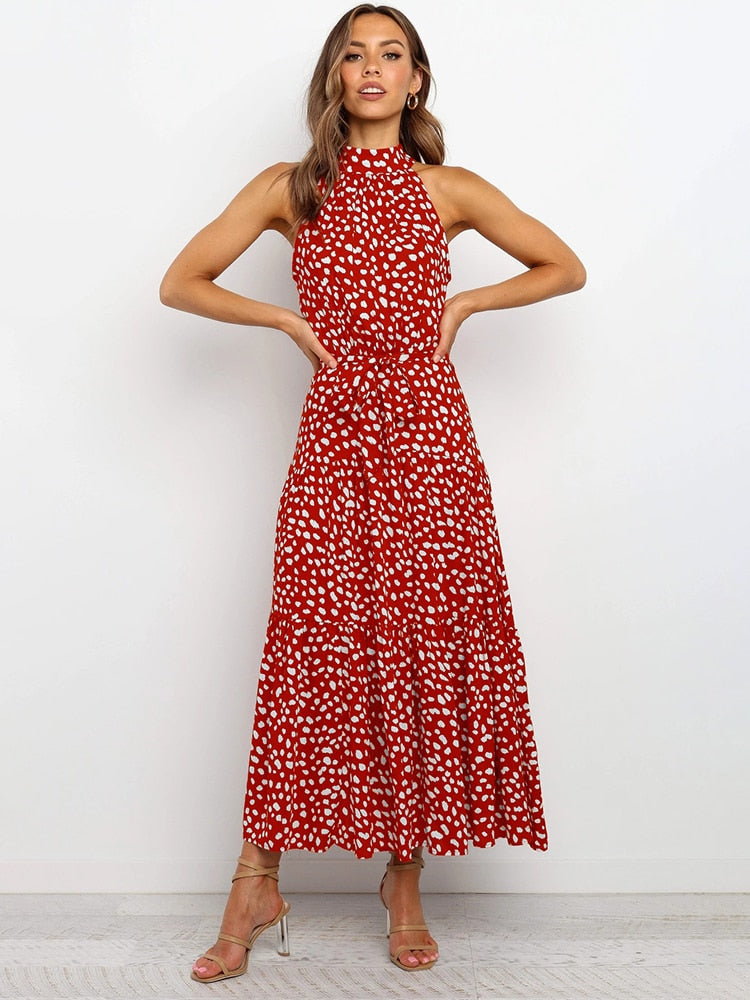 Tiered Midi Dress with Halter Neckline and Self-Tie Waist