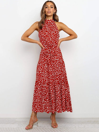 Tiered Midi Dress with Halter Neckline and Self-Tie Waist