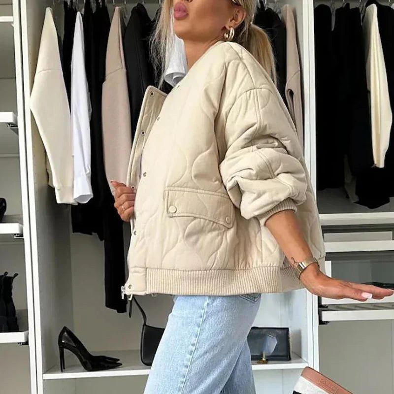 Quilted Bomber Jacket with Snap-Button Closure, Round Neck, and Ribbed Finishes