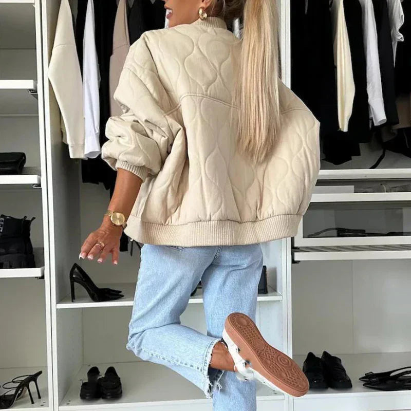 Quilted Bomber Jacket with Snap-Button Closure, Round Neck, and Ribbed Finishes