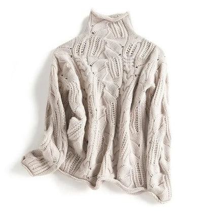 High-Neck Cable Knit Sweater with Openwork Details and Long Sleeves