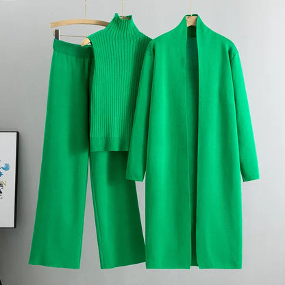Three-Piece Knit Set with Mock Neck Top, Long Cardigan, and Wide-Leg Trousers