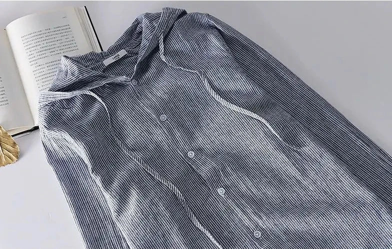 Striped Long Sleeve Shirt with Drawstring Hood and Button Closure