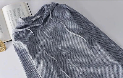 Striped Long Sleeve Shirt with Drawstring Hood and Button Closure
