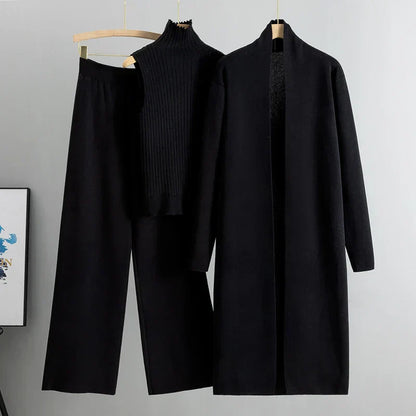 Three-Piece Knit Set with Mock Neck Top, Long Cardigan, and Wide-Leg Trousers