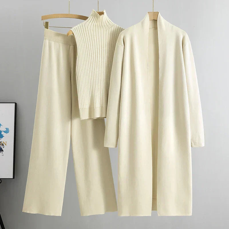 Three-Piece Knit Set with Mock Neck Top, Long Cardigan, and Wide-Leg Trousers