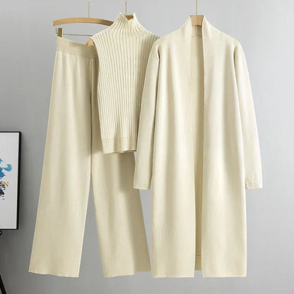 Three-Piece Knit Set with Mock Neck Top, Long Cardigan, and Wide-Leg Trousers