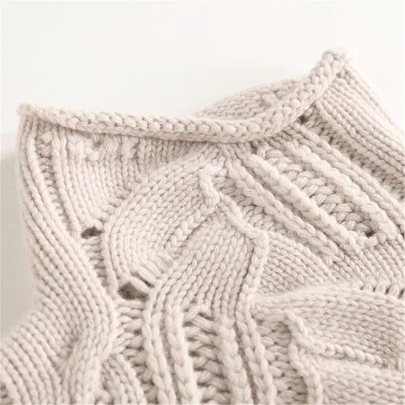 High-Neck Cable Knit Sweater with Openwork Details and Long Sleeves