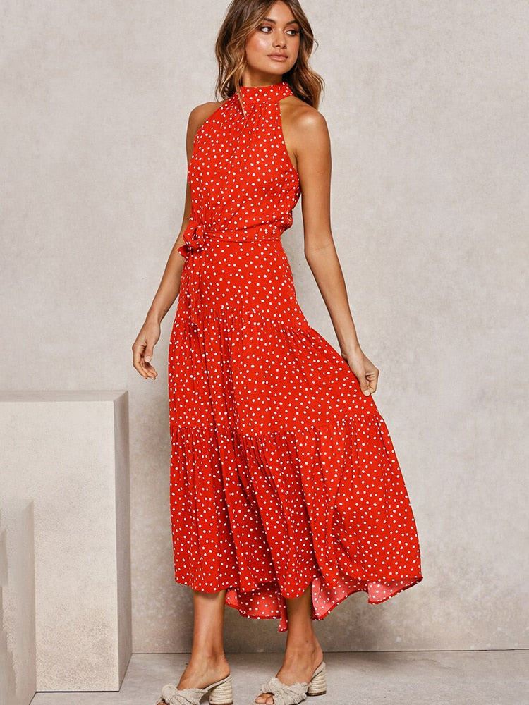 Tiered Midi Dress with Halter Neckline and Self-Tie Waist