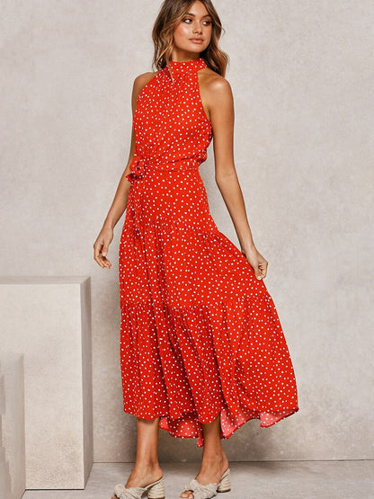 Tiered Midi Dress with Halter Neckline and Self-Tie Waist