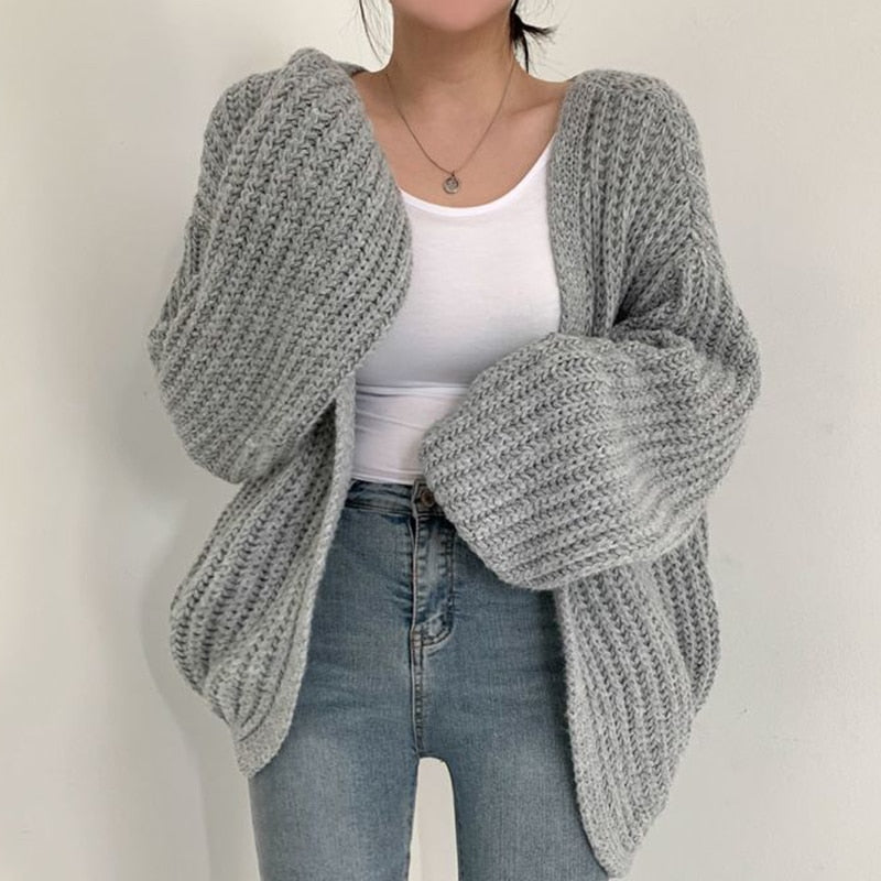 Open-Front Chunky Knit Cardigan with Balloon Sleeves and Relaxed Fit