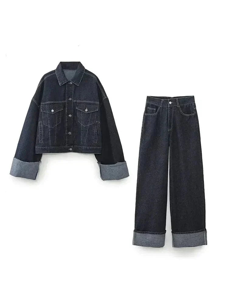 Cropped Denim Jacket and Wide-Leg Denim Trousers Set with Oversized Cuffs and Button Closure