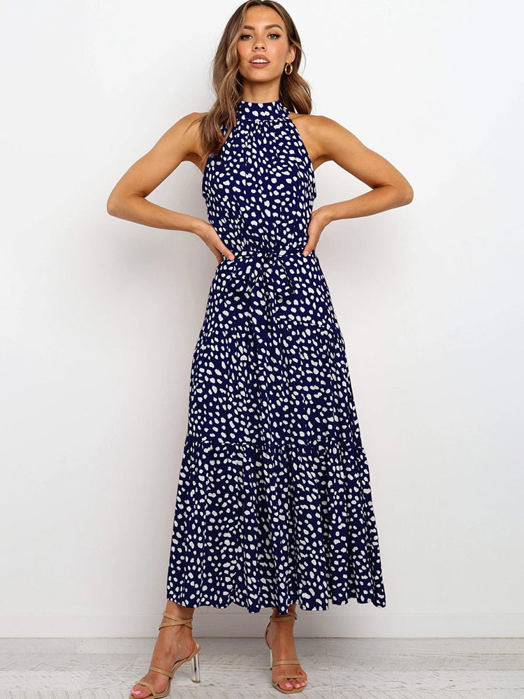 Tiered Midi Dress with Halter Neckline and Self-Tie Waist