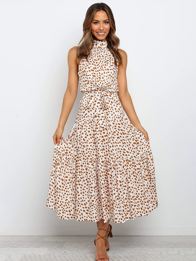 Tiered Midi Dress with Halter Neckline and Self-Tie Waist